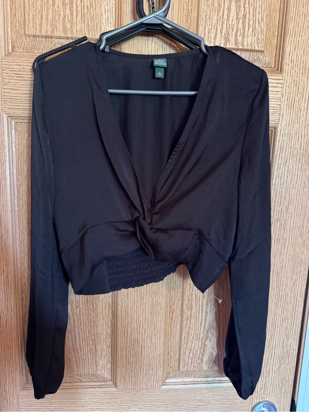Wild Fable Knotted Silky Long Sleeve Crop Top